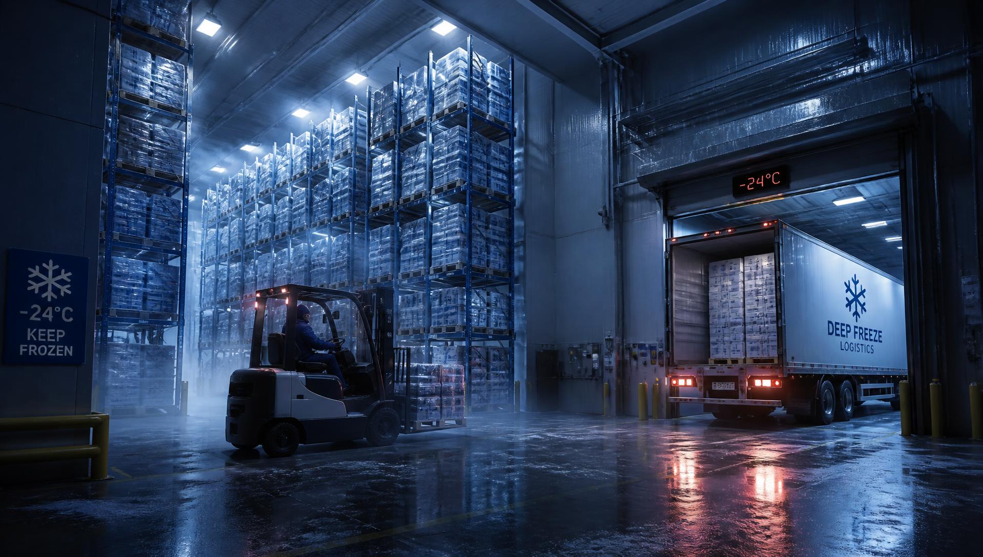 Frozen goods on pallets inside a cold-storage warehouse with a refrigerated truck at the dock