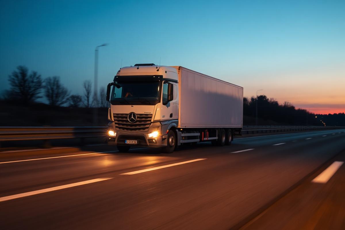 Refrigerated truck on a European motorway at dusk